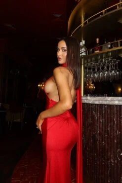 Miley One Shoulder Scarf Jersey Red Gown -ALAMOUR STORE ADORIA 13