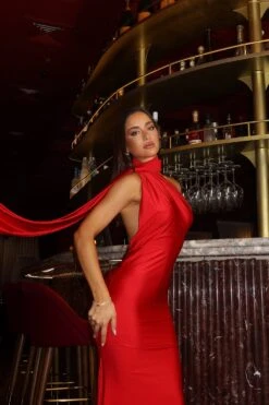 Miley One Shoulder Scarf Jersey Red Gown -ALAMOUR STORE ADORIA 15