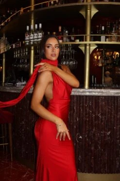 Miley One Shoulder Scarf Jersey Red Gown -ALAMOUR STORE ADORIA 17