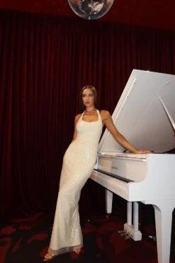 Romina Beaded Halter Neck Cream Gown -ALAMOUR STORE ADORIA 30