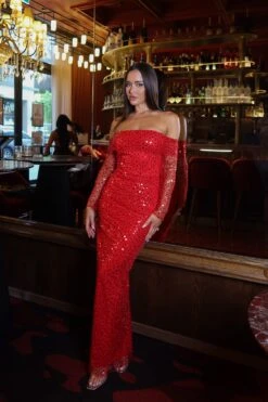 Damsel Beaded Off Shoulder Red Gown -ALAMOUR STORE ADORIA 78