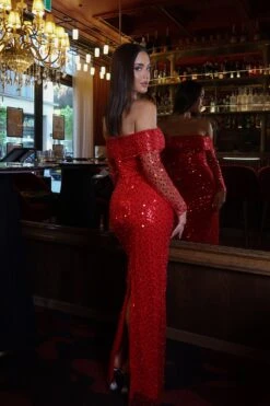 Damsel Beaded Off Shoulder Red Gown -ALAMOUR STORE ADORIA 81