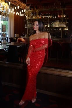 Damsel Beaded Off Shoulder Red Gown -ALAMOUR STORE ADORIA 83