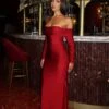 Angie Off Shoulder Jersey Maxi Wine Red Dress -ALAMOUR STORE RESHOT33