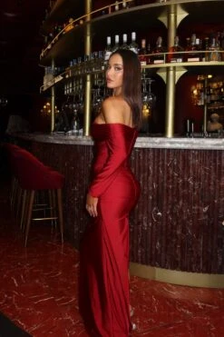 Angie Off Shoulder Jersey Maxi Wine Red Dress -ALAMOUR STORE RESHOT34