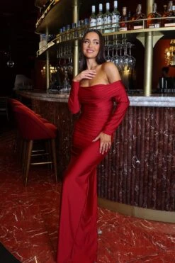 Angie Off Shoulder Jersey Maxi Wine Red Dress -ALAMOUR STORE RESHOT35
