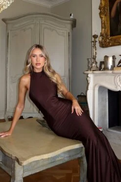 Santana High Neck Jersey Chocolate Gown