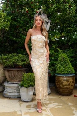 Rowan Floral 3D Strapless Gold Maxi
