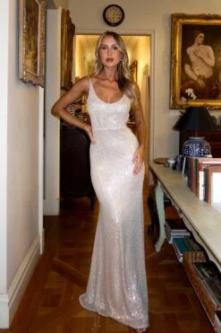 Nina Low Back Silver Gown -ALAMOUR STORE emily30