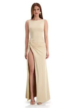 Kehlani Boat Neck Knot Slit Beige Gown -ALAMOUR STORE kehlani 1