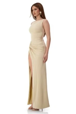 Kehlani Boat Neck Knot Slit Beige Gown -ALAMOUR STORE kehlani 2