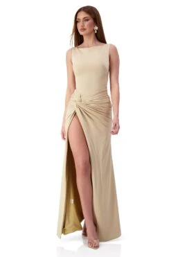 Kehlani Boat Neck Knot Slit Beige Gown -ALAMOUR STORE kehlani 4