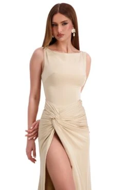 Kehlani Boat Neck Knot Slit Beige Gown -ALAMOUR STORE kehlani 5