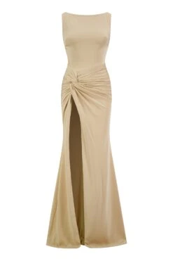 Kehlani Boat Neck Knot Slit Beige Gown -ALAMOUR STORE kehlani gm